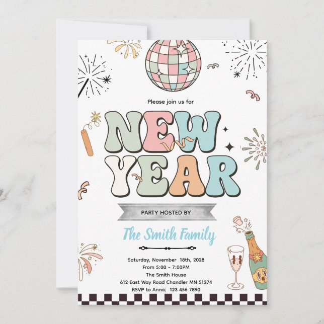 Retro new year party invitation (Devant)