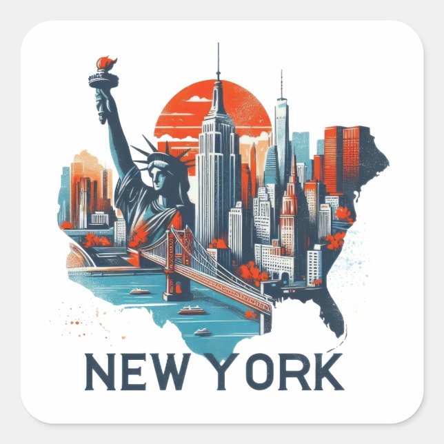 Retro New York Skyline Silhouette Quadratischer Aufkleber (Vorderseite)
