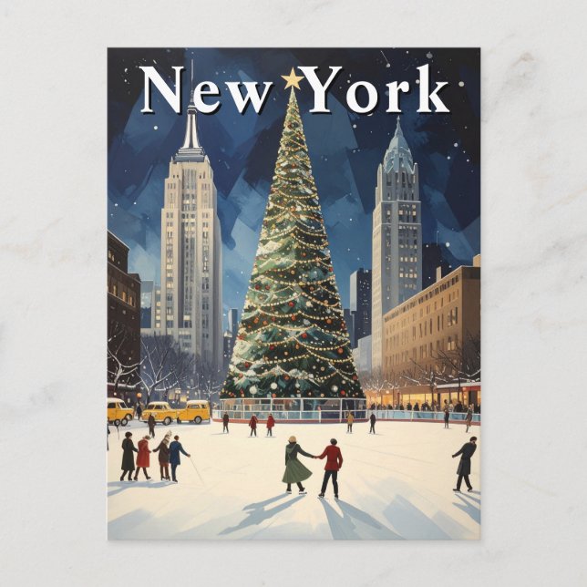 Retro New York Winter Ice Skaten Travel Postkarte (Vorderseite)