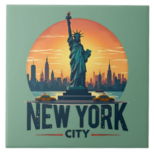 Retro New Yorker Skyline mit Freiheitsstatue Fliese