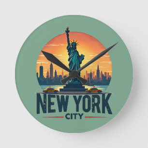 Retro New Yorker Skyline mit Freiheitsstatue Runde Wanduhr