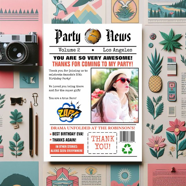 Retro Newspaper Geburtstagsparty Foto Dankeskarte (Retro Newspaper themed thank you card)