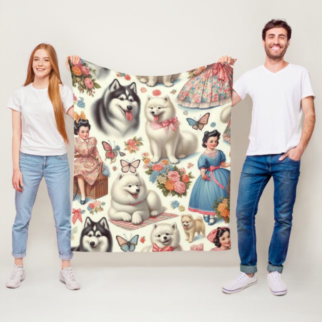 Retro Niedlich American Eskimo Nahtlos Fleecedecke (Beispiel)