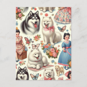 Retro Niedlich American Eskimo Nahtlos Postkarte