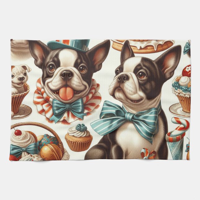 Retro Niedlich Boston Terrier Illustration Geschirrtuch (Horizontal)