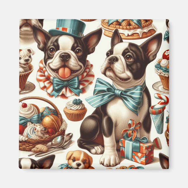 Retro Niedlich Boston Terrier Illustration Magnet (Vorne)