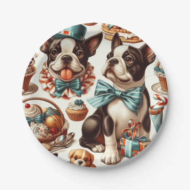 Retro Niedlich Boston Terrier Illustration Pappteller (Vorderseite)