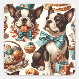 Retro Niedlich Boston Terrier Illustration Quadratischer Aufkleber
