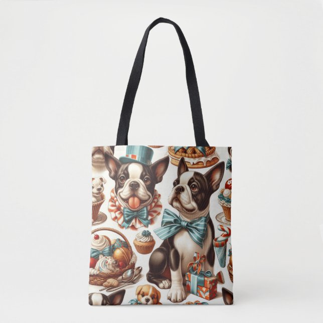 Retro Niedlich Boston Terrier Illustration Tasche (Vorderseite)