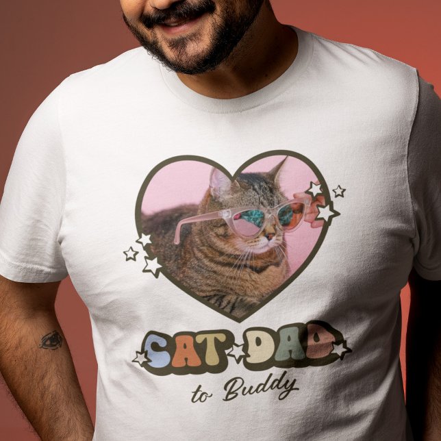 Retro Niedlich Cat Vater Herzstück Foto T-Shirt (Von Creator hochgeladen)