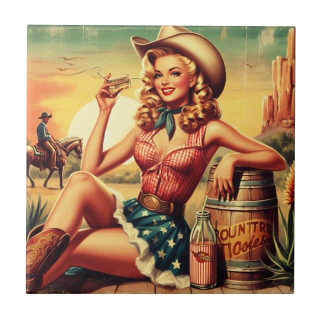 Retro Niedlich Cowgirl Fliese (Vorderseite)