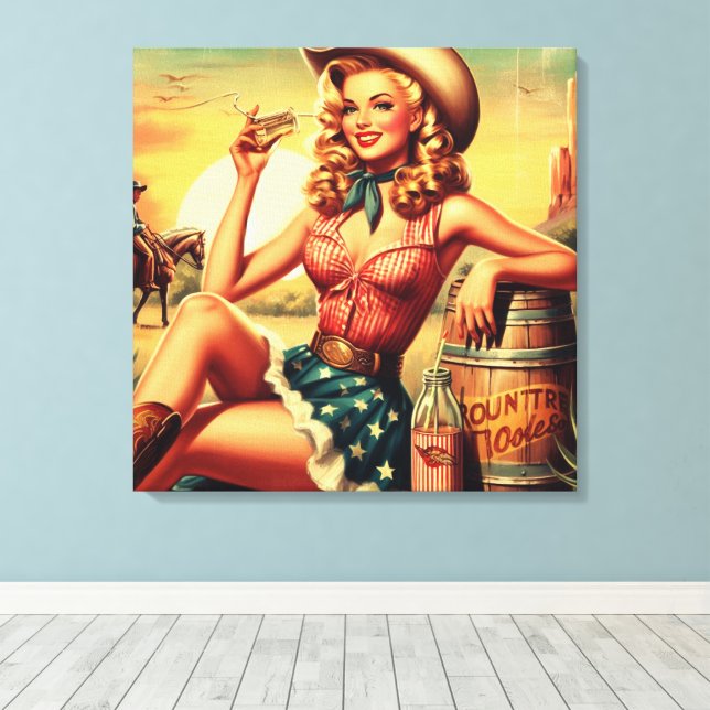Retro Niedlich Cowgirl Leinwanddruck (Insitu (Holzboden))