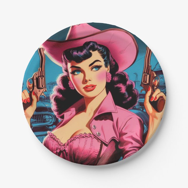Retro Niedlich Cowgirl Pappteller (Vorderseite)