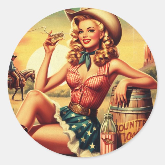 Retro Niedlich Cowgirl Runder Aufkleber (Vorderseite)