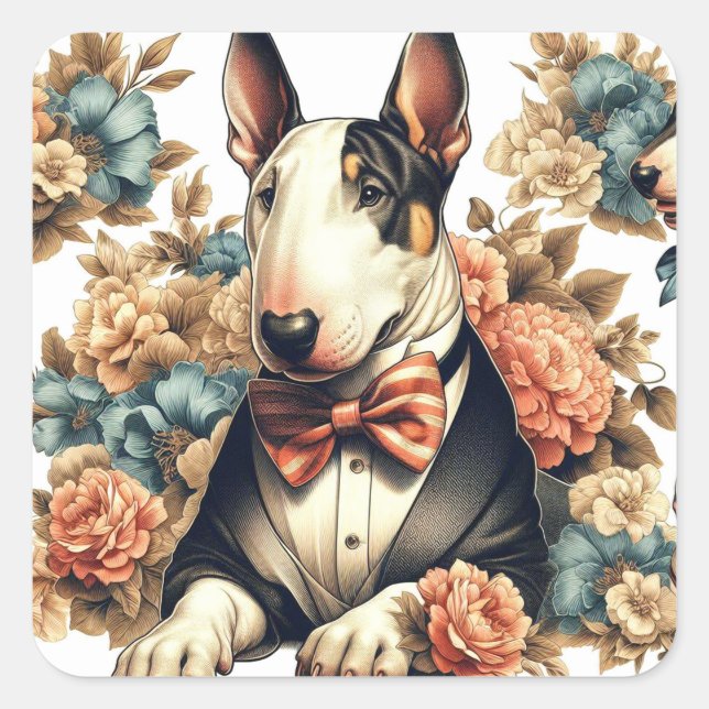 Retro Niedlich Floral Bull Terrier Quadratischer Aufkleber (Vorderseite)
