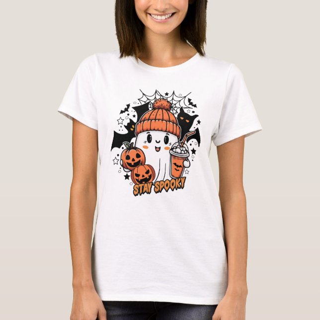 Retro Niedlich Ghost Coffee Pumpkin Spooky T-Shirt (Vorderseite)