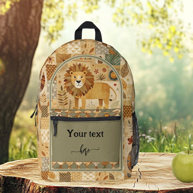 Retro Niedlich Lion Safari Art Pattern Bedruckter Rucksack (Retro backpack featuring an art pattern with a cute lion and leaves - great for cat lovers)