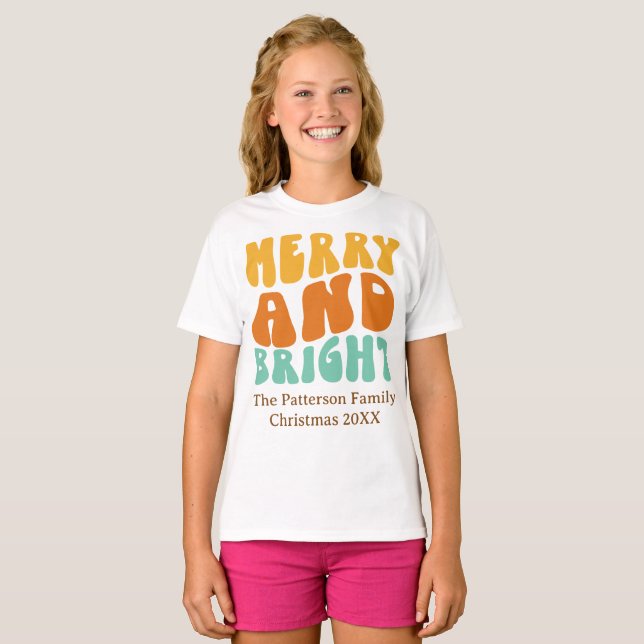 Retro Niedlich Merry and Bright Girl's Christmas T-Shirt (Vorne ganz)