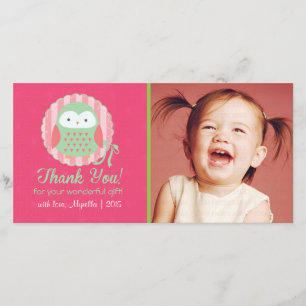 Retro Niedlich Owl Pink & Green Girl Vielen Dank Dankeskarte