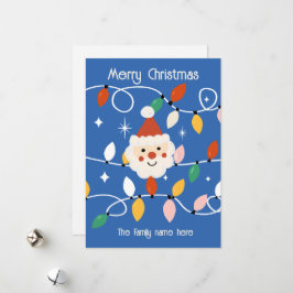Retro Niedlich Santa mit Fairy Lights Blue Feiertagskarte