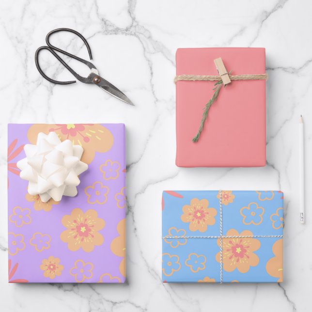 Retro Niedliche Blüte und Hübsches Schlichtes Rosa Geschenkpapier Set (Vorderseite)