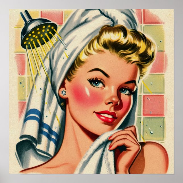 Retro Niedliche DuschGirl-Illustration Poster (Vorne)