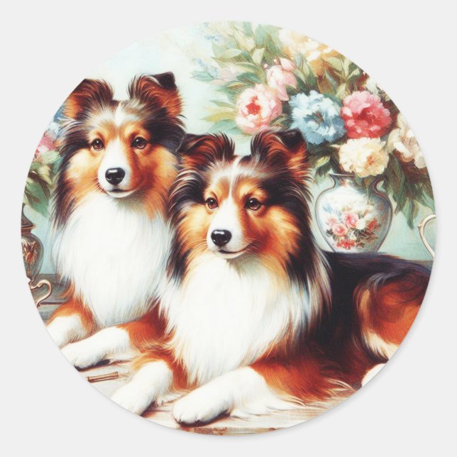 Retro Niedliche Hunde Ölgemälde Runder Aufkleber (Vorderseite)