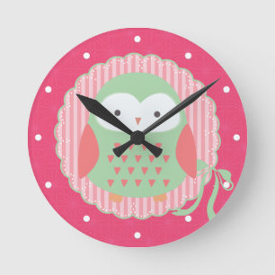 Retro niedliches Eulen-Rosa u. grünes Girly Runde Wanduhr