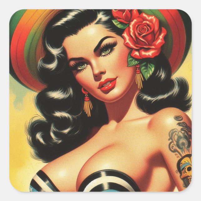 Retro-Niedliches Hot-Pinup Quadratischer Aufkleber (Vorderseite)