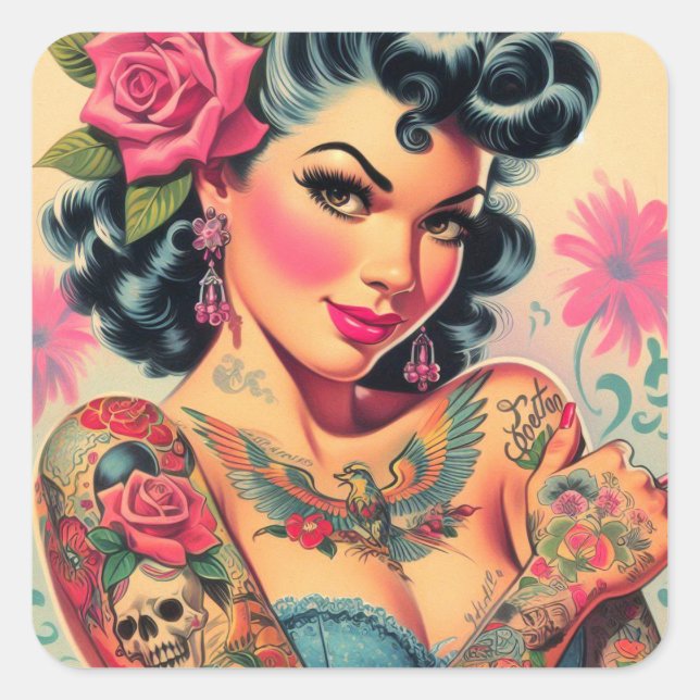 Retro Niedliches tattooides Button Quadratischer Aufkleber (Vorderseite)