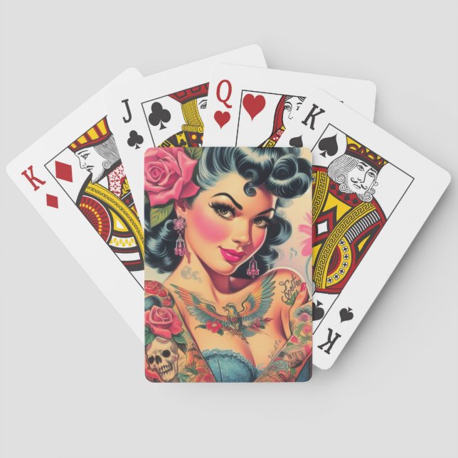 Retro Niedliches tattooides Button Spielkarten (Rückseite)