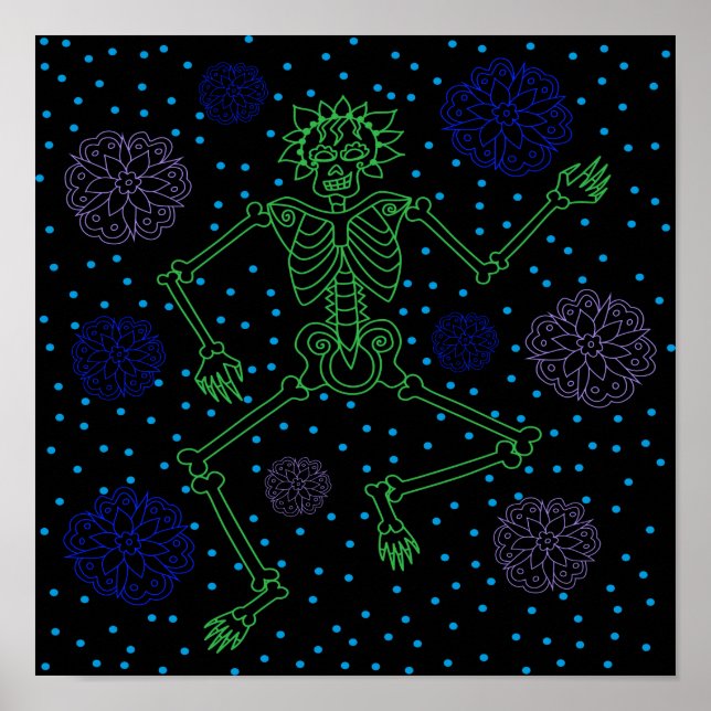 Retro Night Skeleton Polka Dots Poster (Vorne)