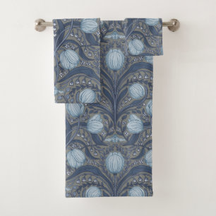 Retro Nouveau Tulpen in Blau und Zinn Badhandtuch Set