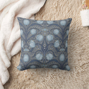 Retro Nouveau Tulpen in Blau und Zinn Kissen