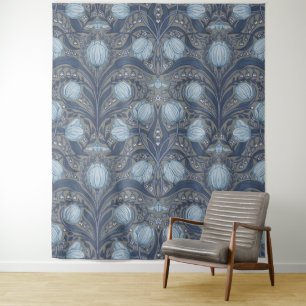 Retro Nouveau Tulpen in Blau und Zinn Wandteppich