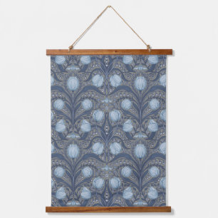 Retro Nouveau Tulpen in Blau und Zinn Wandteppich Mit Holzrahmen