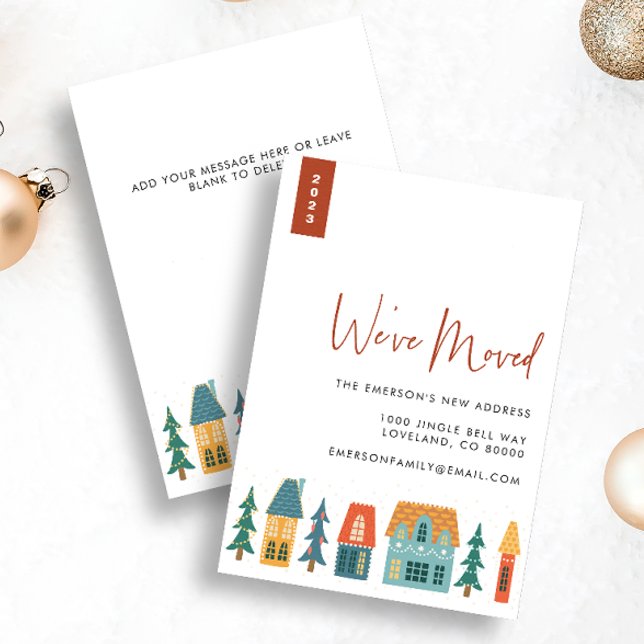 Retro Nouvelle carte de vacances (2023 We've Moved Holiday Retro Houses Christmas Card with message on back)