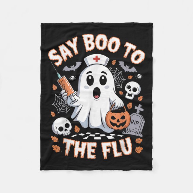 Retro Nurse Ghost Halloween Impfstoff sagen Boo zu Fleecedecke (Vorderseite)