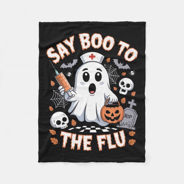 Retro Nurse Ghost Halloween Impfstoff sagen Boo zu Fleecedecke (Vorderseite)