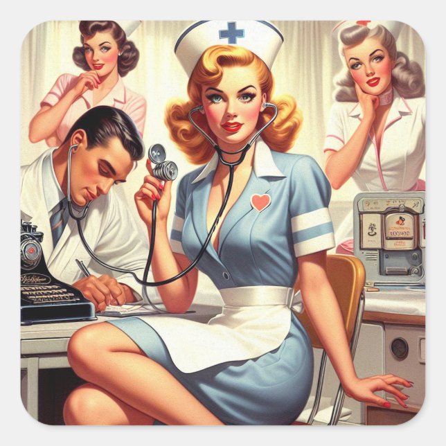 Retro Nurse Illustration Quadratischer Aufkleber (Vorderseite)