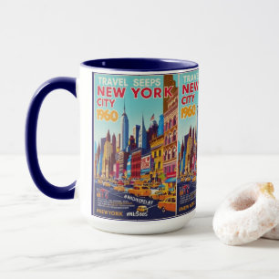 Retro NYC Reisen Kunst   Lebhaftes Skyline Design Tasse