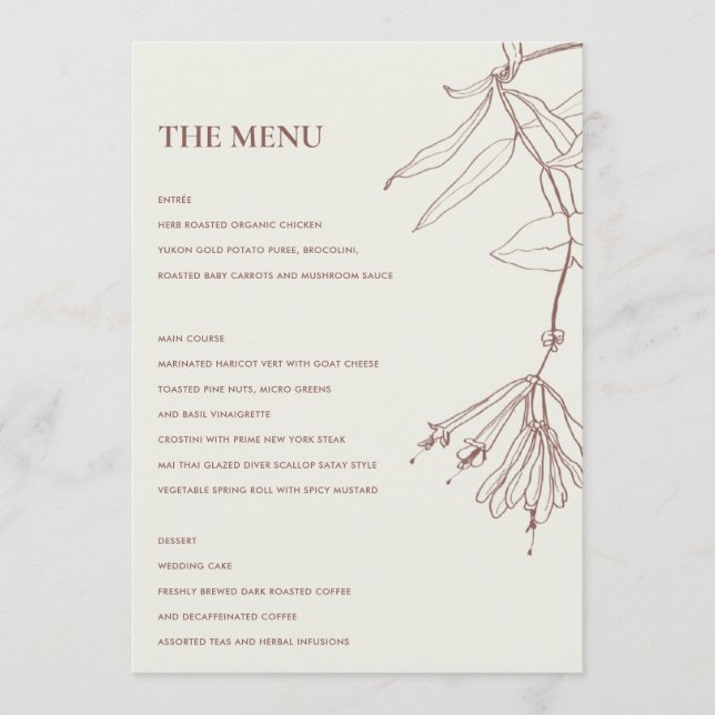 RETRO OFF WHITE BLUSH LINIE ZEICHNEND FLORAL MENU MENÜKARTE (Vorderseite)