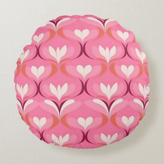 Retro Ogee Rosa Orangenherzen Rundes Kissen (Vorderseite)