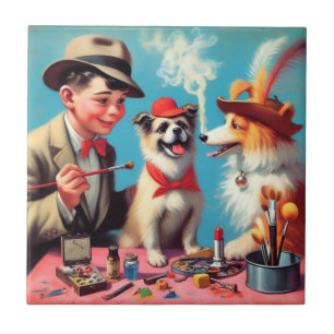 Retro Oil Painting Happy Hunde Fliese