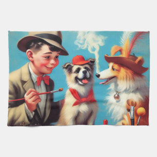 Retro Oil Painting Happy Hunde Geschirrtuch