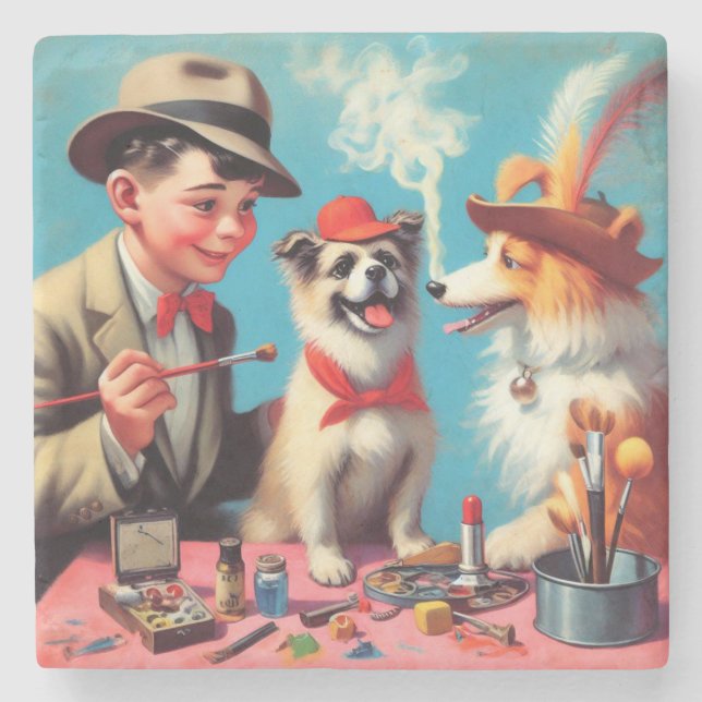 Retro Oil Painting Happy Hunde Steinuntersetzer (Vorderseite)