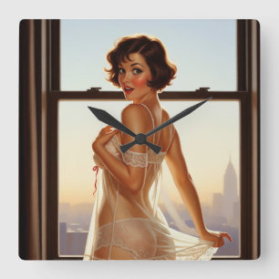 Retro Old School Button-up Girl Quadratische Wanduhr