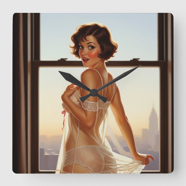 Retro Old School Button-up Girl Quadratische Wanduhr (Vorderseite)