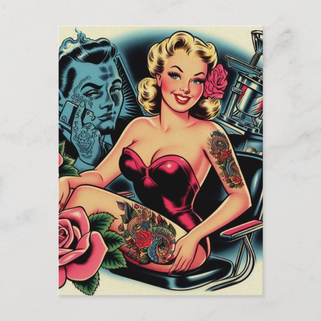 Retro Old School Tattoo Button Up Postkarte (Vorderseite)