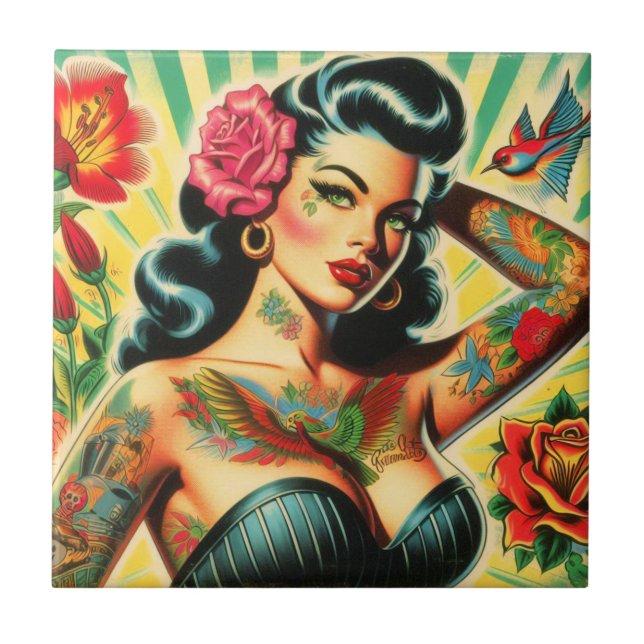Retro Old School Tattoo Pinup Fliese (Vorderseite)